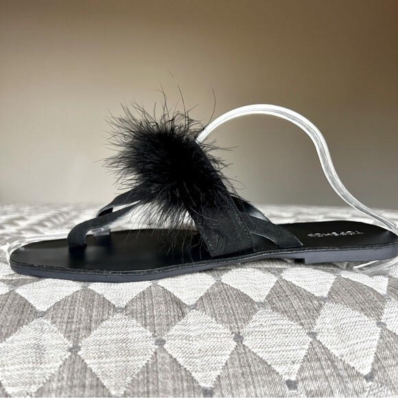 TOPSHOP Black Flip Flop Thong Sandal Slipper Feathers Women EU 40 US 8.5 NWOT - Picture 1 of 11